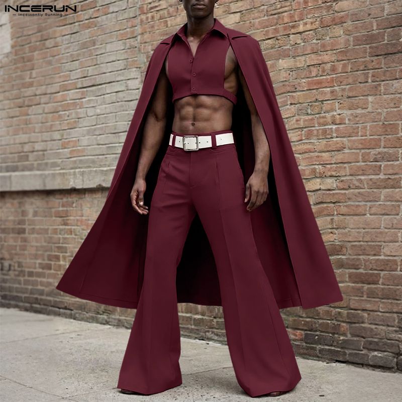 Mens Fashion Casual 2026 - Мужской комплект INCERUN: однотонная рубашка-пончо без