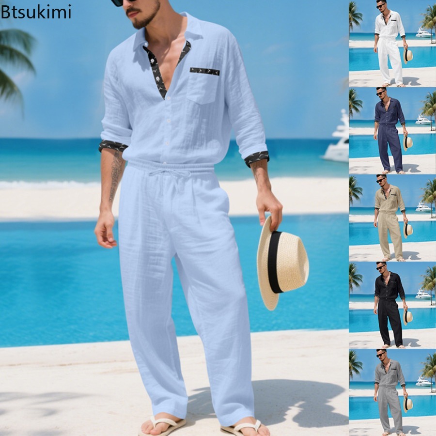 Linen Shirt Summer - Мужской комплект из льняной смеси: гавайская