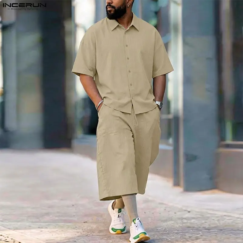 Mens Fashion Casual 2026 - Мужской комплект INCERUN: однотонная рубашка с